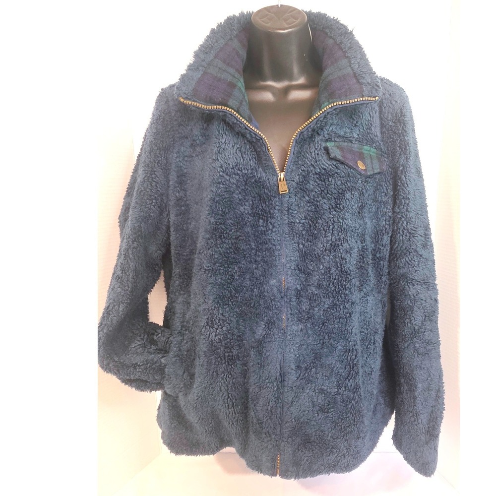 Pendleton Full Zip Sherpa Fleece Jacket Navy Blue Plaid Trim Large Inner Pocket